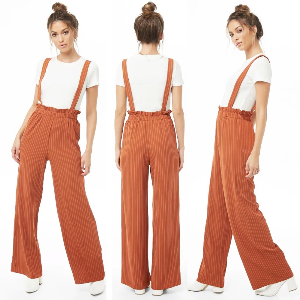 Rust Pinstriped Suspender Wide Leg Paperbag Pants
